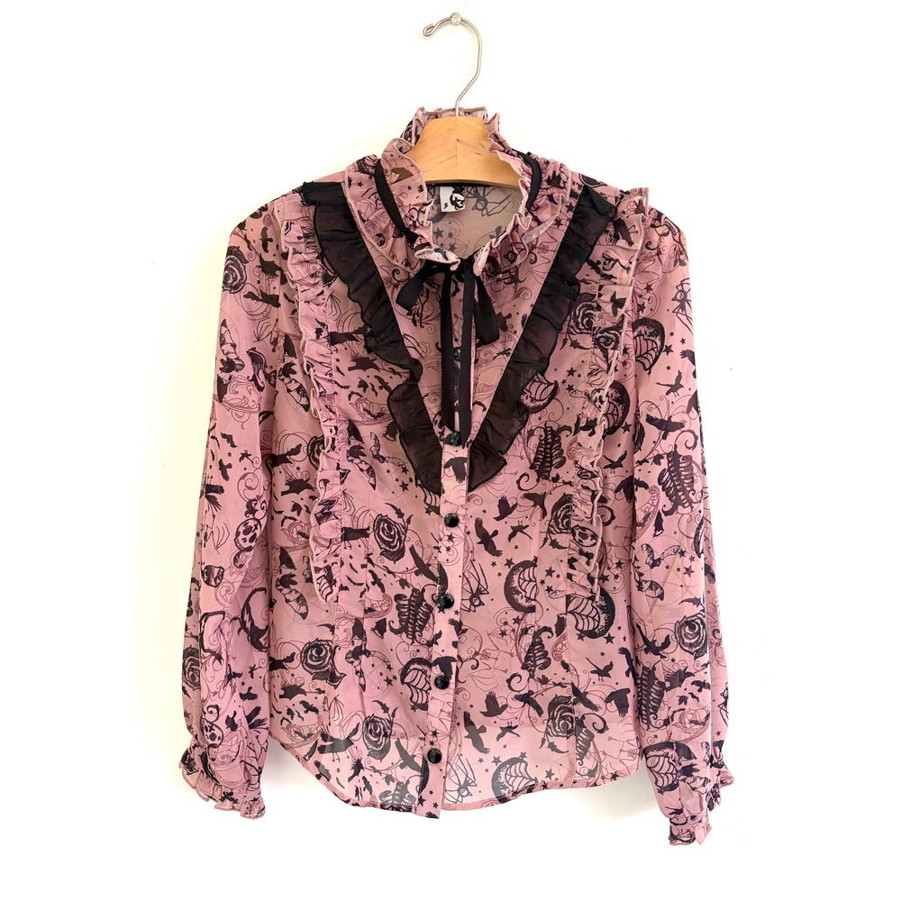 Vintage Y2K Spin Doctor Goth Fairy Grunge Ruffle Sheer Blouse Pink‎ Black Small